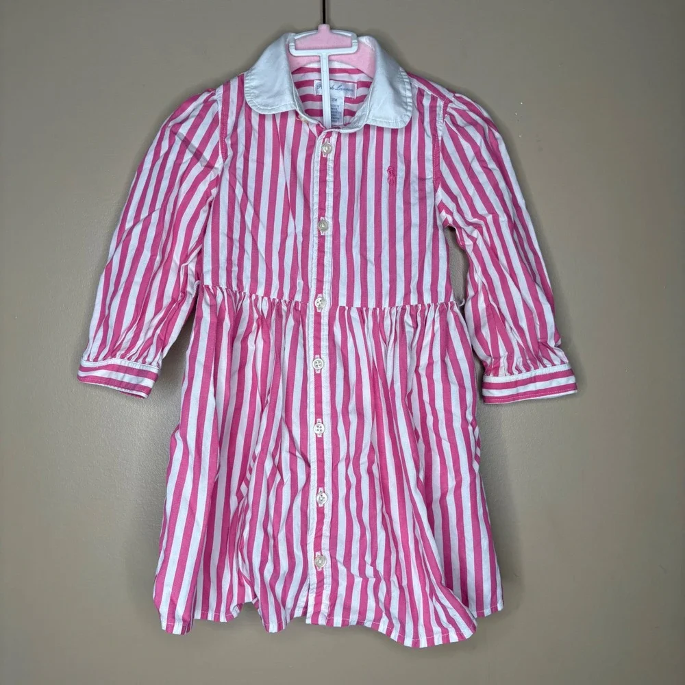 Ralph Lauren Baby Girls Pink White Striped Shirtdress with Bloomers 18M Cotton